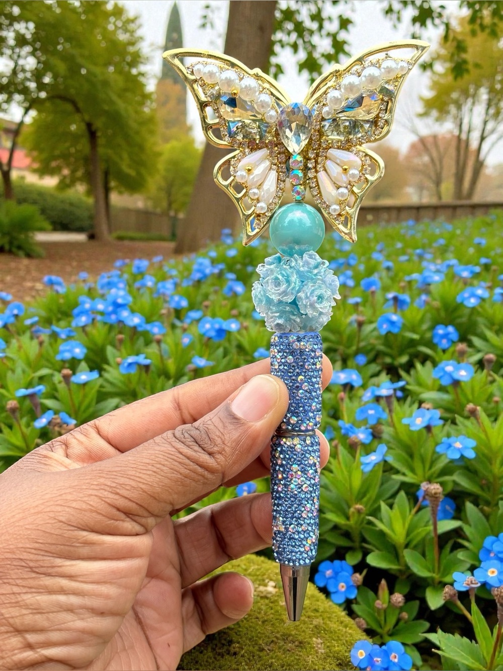 Handcrafted Blue & White  Crystal Rhinestone Butterfly Blue Decorative  Pen